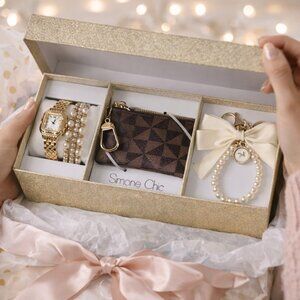Simone Chic Women’s Accessory Gift Set Watch Bracelets Coin Pouch Keychain – New